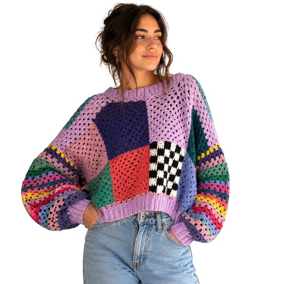 Handmade Sweaters - Handmade Crochet Patchwork Sweater Rainbow Granny Square Checkerboard Cropped